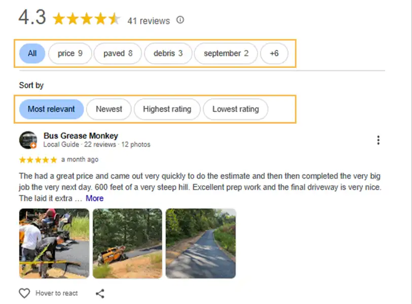 A screenshot highlighting Google review features like keyword filters and sorting options, used for Local SEO and reputation analysis.