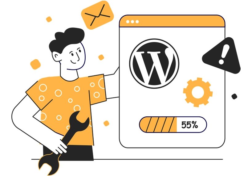 Illustration of a developer holding a wrench to perform WordPress website maintenance and updates.