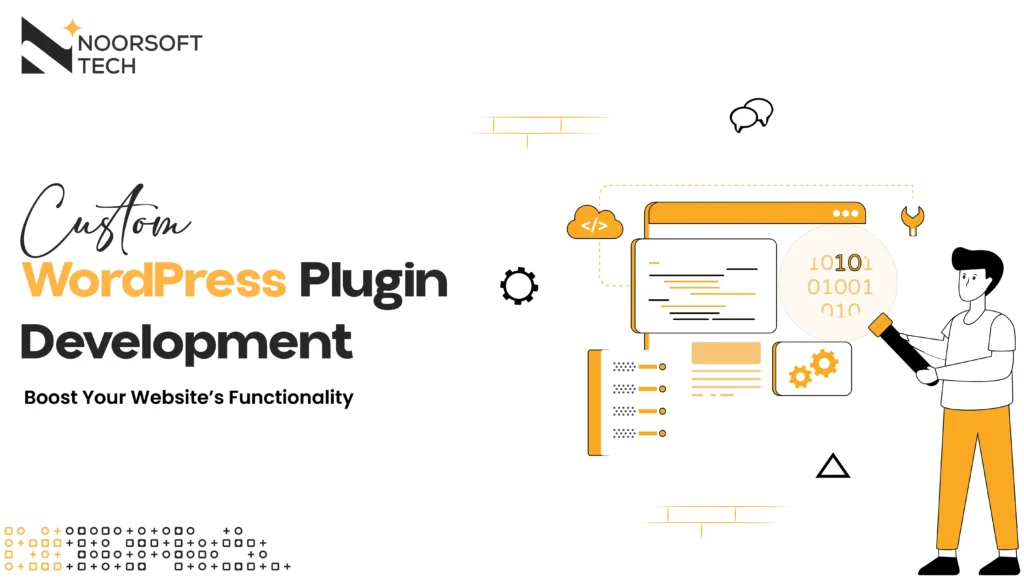 Digital illustration depicting a developer working on code for custom WordPress plugin development to boost website functionality.