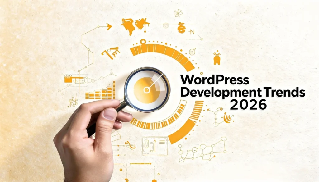 Graphic featuring a hand holding a magnifying glass over the text 'WordPress Development Trends 2026,' symbolizing the analysis of future technology.